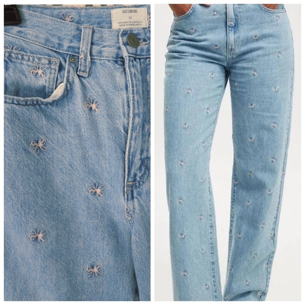 Cotton On Pink Bow Embroidered Loose Straight Jeans